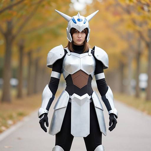 Photograph of a woman in white and black armored costume with blue helmet, standing on a park path with autumn trees.