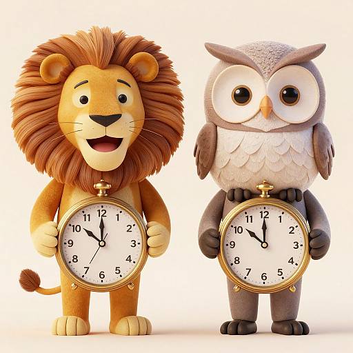 Whimsical 3D Lion and Owl Timekeepers