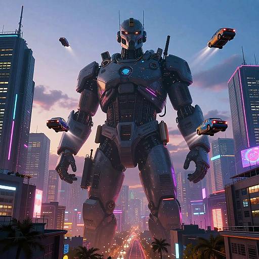 Giant Man in Neon Cyberpunk City