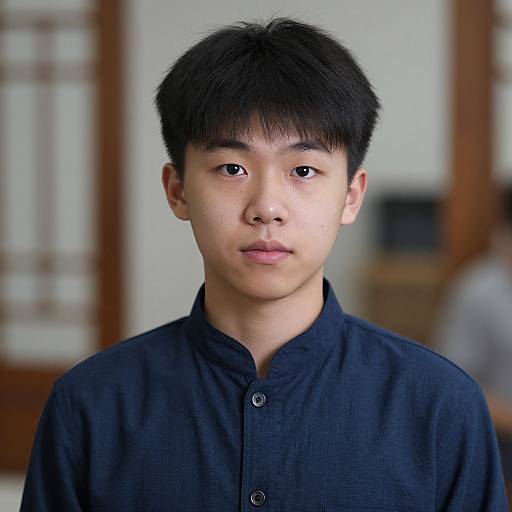 Photograph of an East Asian teenage boy with straight black hair, wearing a dark blue button-up shirt, standing indoors against a blurred traditional wooden background.