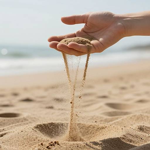 Photograph of a hand gently pouring sand from a cup, creating a delicate sand column on a sunlit beach.