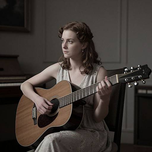 Photograph of a fair-skinned woman with wavy brown hair playing a wooden acoustic guitar, wearing a white, sleeveless, floral dress, seated