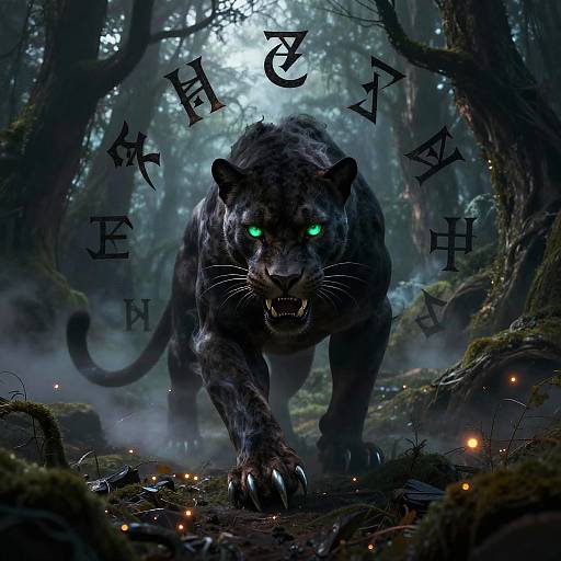 Digital art: Glowing-eyed black panther with sharp claws prowls a dark, misty forest, surrounded by mysterious runes and fireflies.