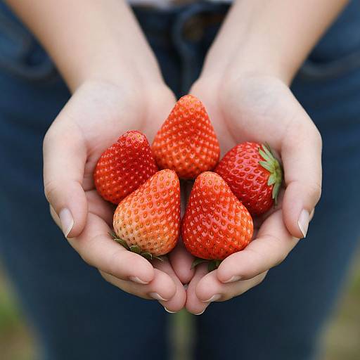 Close-up photograph of pale hands gently cupping vibrant red, ripe strawberries, with the person's blue jeans slightly blurred in the background.