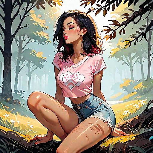 Woman in Cropped Pink Top and Denim Shorts in Forest