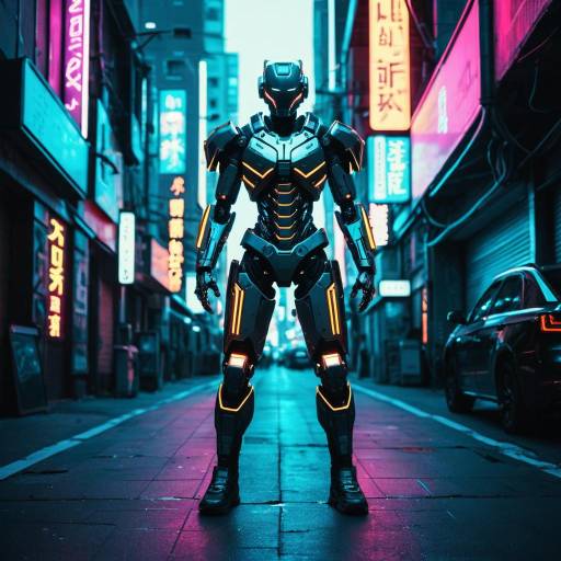 Cyborg Standing on Neon-Lit Cyberpunk Street
