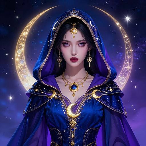 Digital fantasy portrait of a fair-skinned woman with dark hair, wearing a blue, star-embroidered hooded cloak with gold crescent and