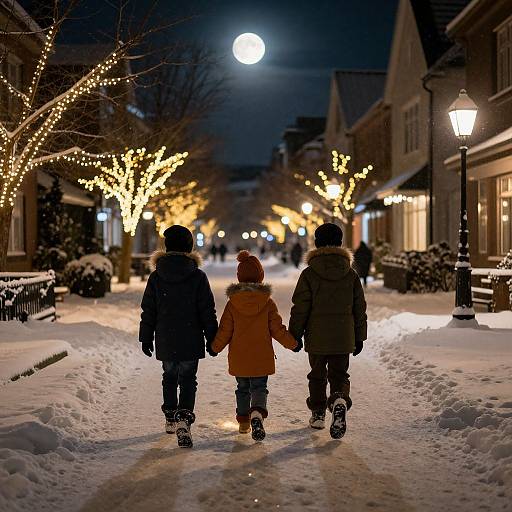 Children Walking on Glowing Snowy Path