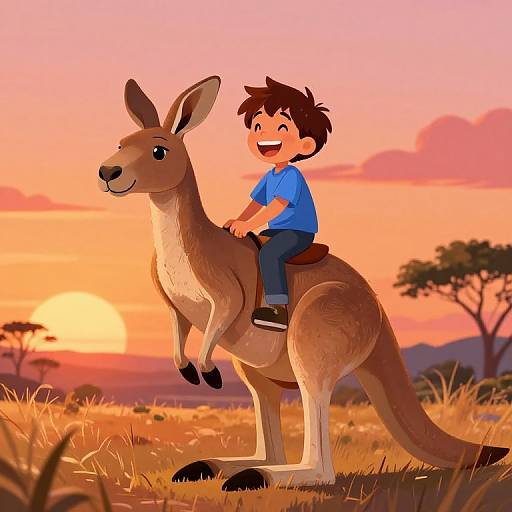 Cartoon boy with brown hair in blue shirt rides a smiling kangaroo at sunset in a grassy, African savanna landscape.