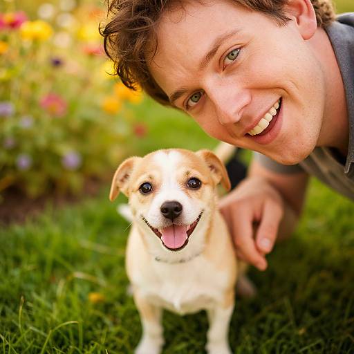 Photograph of a smiling young man with curly brown hair and green eyes, kneeling on green grass beside a happy, small, white and brown Jack Russell