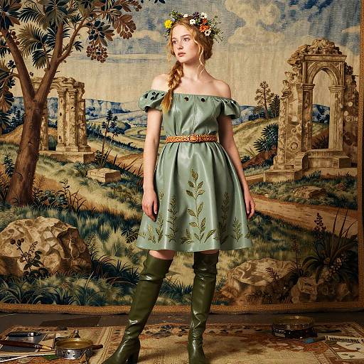 Renaissance Shepherdess in Pastoral Tapestry