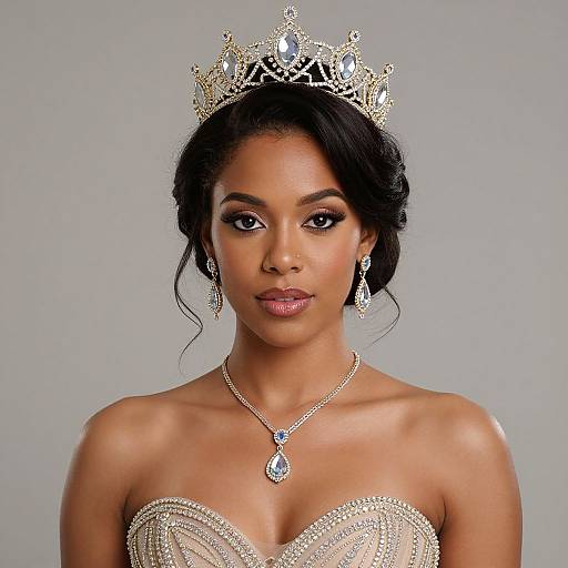 Photograph of a beautiful, dark-skinned woman with an elegant updo, wearing a sparkling gold crown, diamond necklace, and strapless beaded
