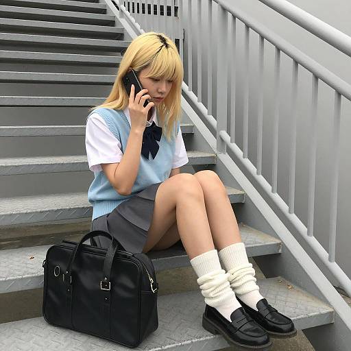 Young Blonde Woman Sitting on Metal Stairs with Phone