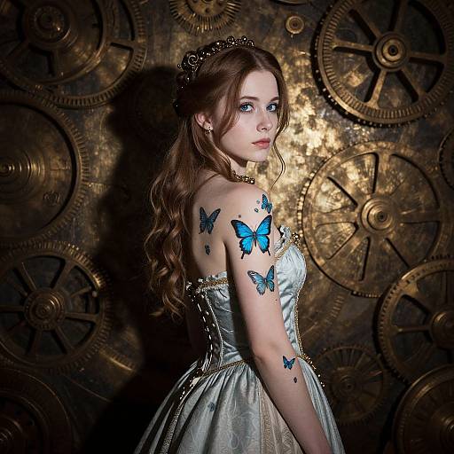 Photograph of a fair-skinned, blue-eyed woman with long brown hair, wearing a silver dress, adorned with blue butterfly tattoos, standing against a