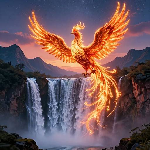 Digital art of a fiery, majestic phoenix with outstretched wings soaring above a cascading waterfall, set against a twilight mountain landscape.