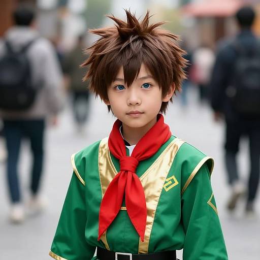 Photograph of an Asian boy with spiky brown hair, blue eyes, wearing a green and gold cosplay outfit with a red scarf, standing in a