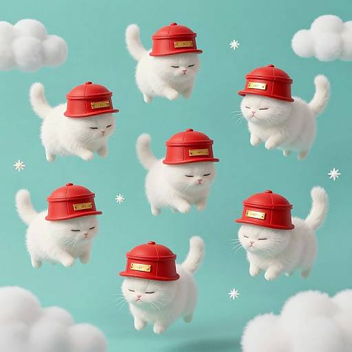 Digital illustration of six white cats floating in mid-air against a cyan background, wearing red caps with yellow labels, surrounded by white clouds.