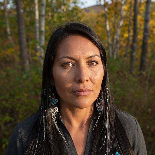 Photograph of a middle-aged woman with long black hair, brown eyes, and tan skin, wearing black earrings, standing in a sunlit forest.