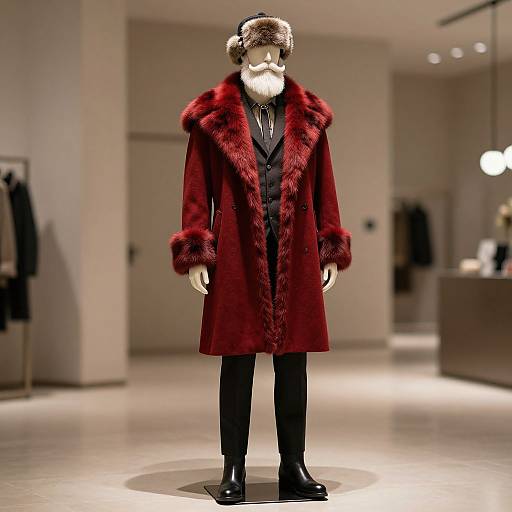 Photograph of a mannequin wearing a luxurious red fur coat with a large collar, black shirt, black pants, and black boots, standing in