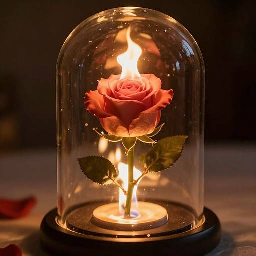 Photograph of a glowing candlelit rose under a glass dome with dark background, highlighting the red rose's delicate petals and green leaves.