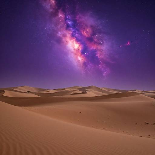 Photograph of a starry night sky with vibrant purple and pink galaxy over vast, rippled desert dunes with a few tiny shadows.