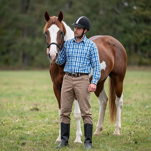Man Holding Horse in Grassy Field