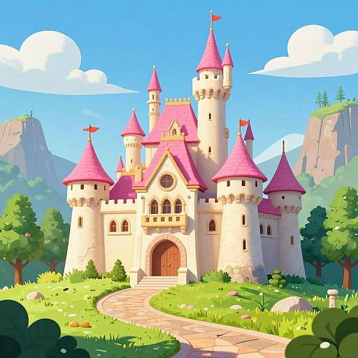 Bright, cartoon-style digital drawing of a whimsical pink-roofed castle with multiple towers, arched windows, and a winding stone path, set