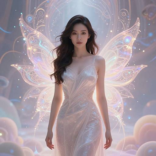 Photorealistic CGI of a beautiful Asian woman with long black hair, wearing a shimmering white dress, illuminated by glowing, ethereal butterfly wings,