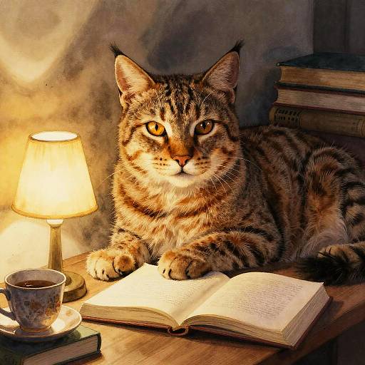 Cozy Bobcat Poet in Quiet Reading Nook