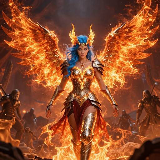 Digital artwork of a fierce, blue-haired, winged warrior queen with glowing orange flames surrounding her, wearing golden armor, commanding a fiery battlefield.