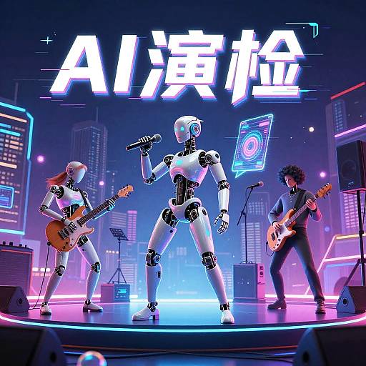 Neon-lit concert stage with three performers: two humanoid robots and a curly-haired guitarist. 