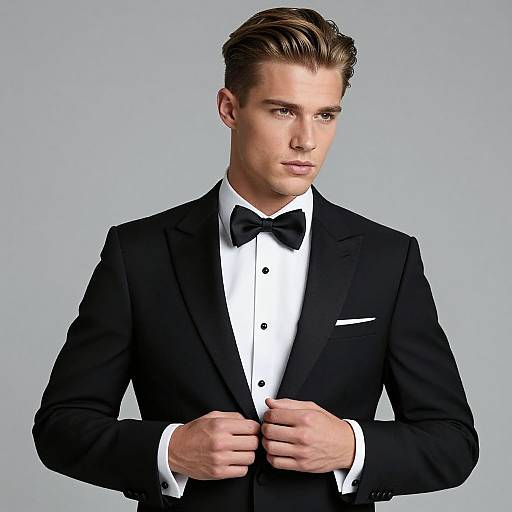 Photograph of a handsome, light-skinned man with brown, slicked-back hair, wearing a black tuxedo with a white shirt and black