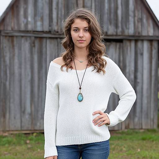 Photograph of a young woman with wavy brown hair, wearing a white off-shoulder knit sweater, blue jeans, and a turquoise pendant necklace