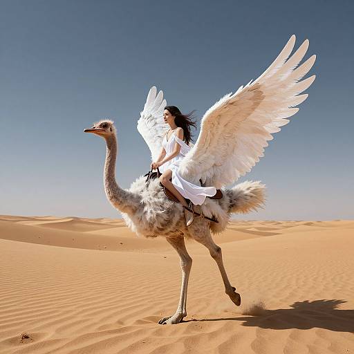 Surreal Woman Riding Ostrich in Desert