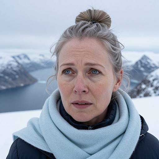 Close-up photograph of a fair-skinned woman with blue eyes, gray hair in a bun, wearing a light blue scarf, black coat, against a