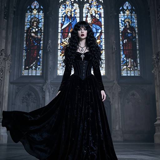 Gothic-style photograph of a pale woman with long black curly hair, wearing a voluminous black lace gown, standing in a dimly lit cathedral