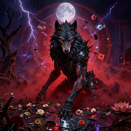 Digital artwork: Dark, cybernetic wolf with glowing red eyes and metallic arm, crouched in a red misty forest, surrounded by lightning