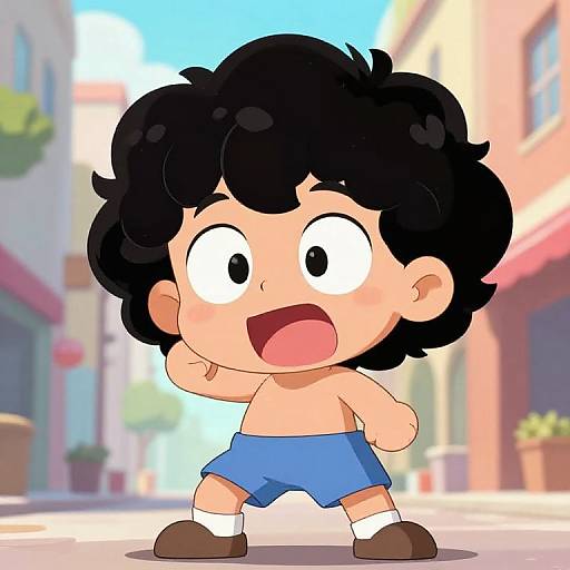 Cartoon-style drawing of a surprised, shirtless boy with black curly hair, blue shorts, white socks, and brown shoes, standing on a sun