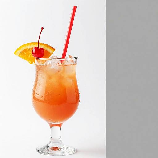 Photograph of a vibrant, orange-red cocktail in a curved glass with a lemon slice, cherry garnish, and red straw against a white background.