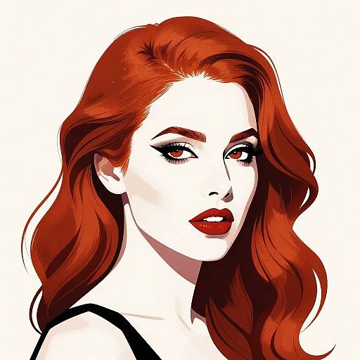 Digital illustration of a red-haired woman with wavy hair, bold red lipstick, black eyeliner, and white skin, set against a plain white background