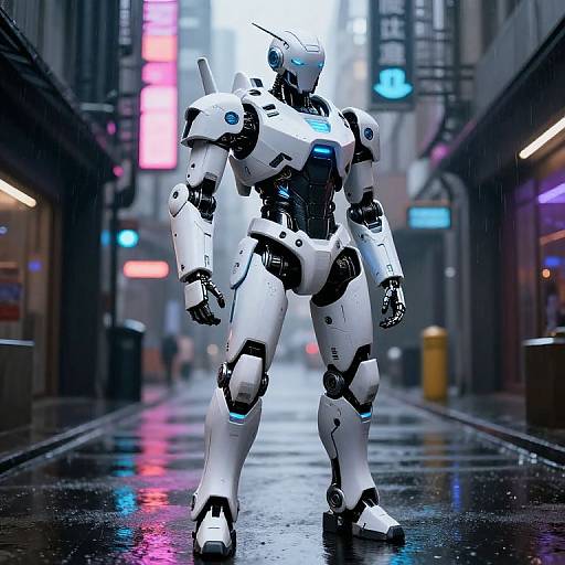 CGI image of a white, futuristic, humanoid robot standing in a neon-lit, rain-soaked urban alley with glowing signs in the background.