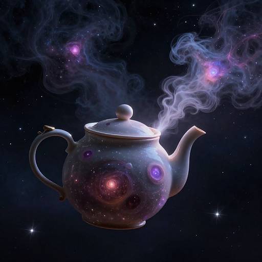 A glowing, cosmic teapot with purple star patterns and wispy smoke, floating in a dark, starry space. Digital art.