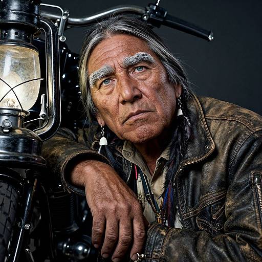 Photograph of a weathered, older Native American man with long gray hair, white eyebrows, and earrings, resting his arm on a vintage lantern,
