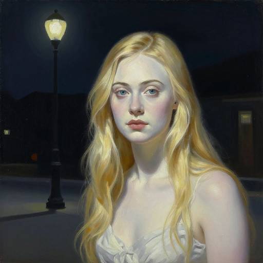 Digital painting of a pale-skinned, blonde woman with long hair, wearing a white top, illuminated by a streetlamp at night.