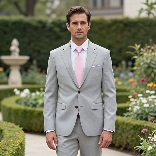 Confident Man in Gray Suit Garden