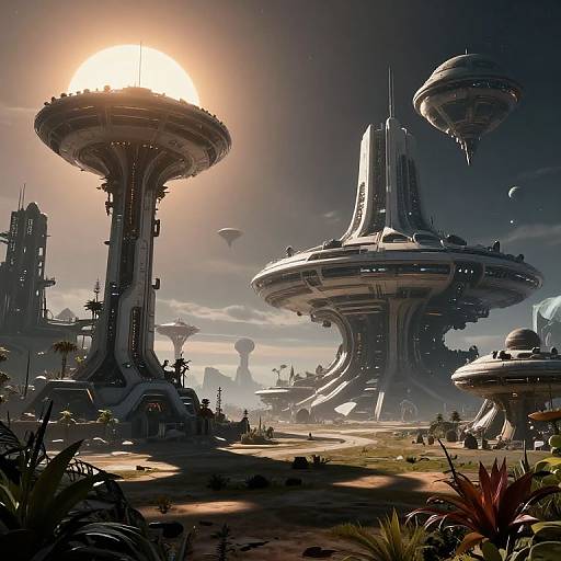 Digital art of a futuristic, sci-fi cityscape with towering, spherical and cylindrical structures, illuminated by a bright, sun-like orb in the sky.