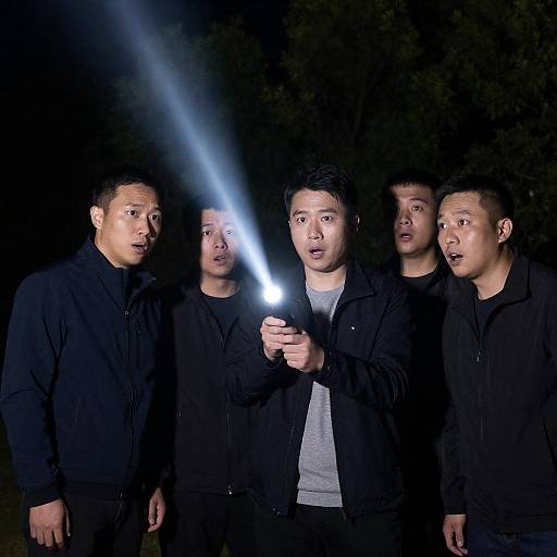 Four Men in the Dark with Flashlight