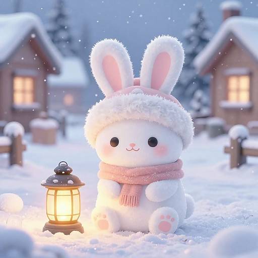 Cute digital illustration of a fluffy white bunny in a winter scene, wearing a fuzzy hat and pink scarf, with a glowing lantern and snow-covered houses