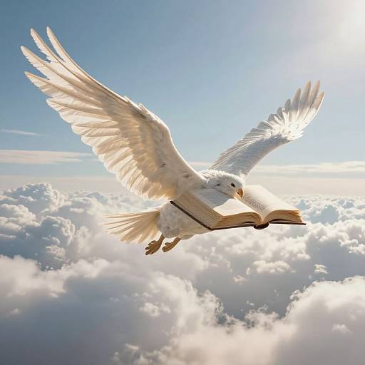 Photograph of a white dove with wings spread, carrying an open book, flying above a sea of fluffy clouds under a bright blue sky.