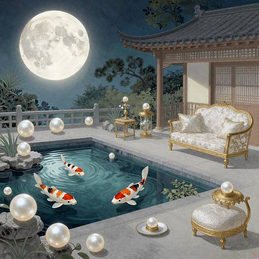 Moonlit Koi Pond Courtyard Collage